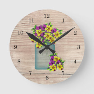 Blue Mason Jar Pansies Wall Clock