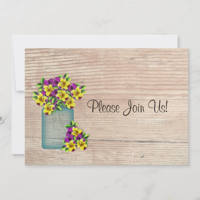 Blue Mason Jar Pansies Wedding Invitation (Front)