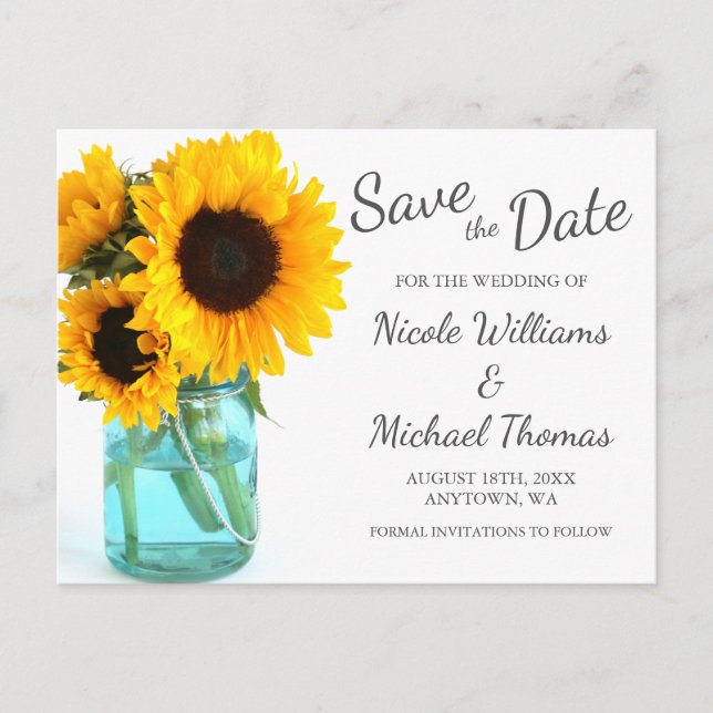 Blue Mason Jar Sunflowers Save the Date Announcement Postcard (Front)