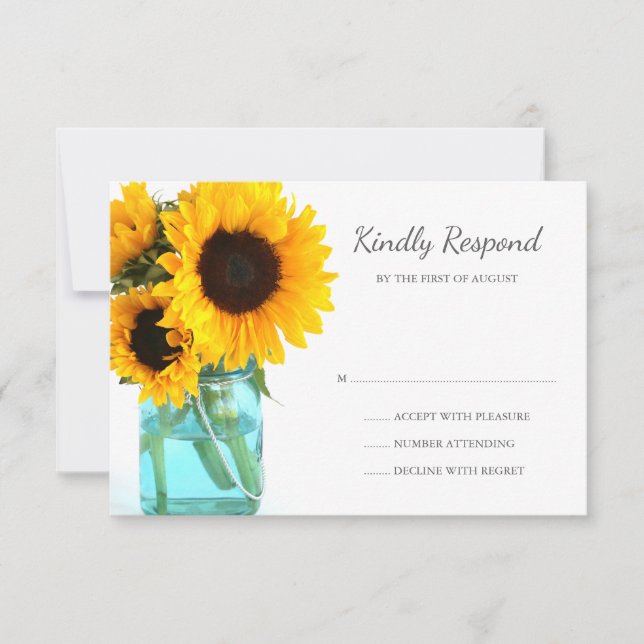 Blue Mason Jar Sunflowers Wedding RSVP Card (Front)