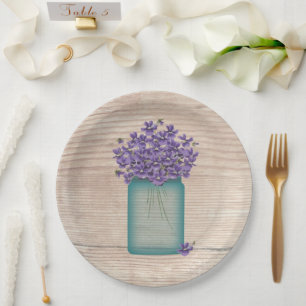 Blue Mason Jar Violets  Paper Plate