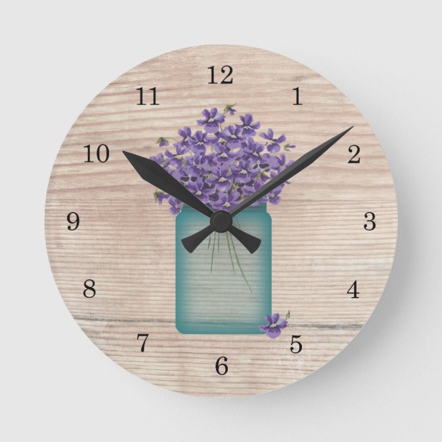Blue Mason Jar Violets Wall Clock (Front)