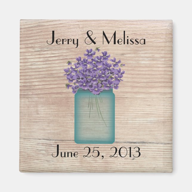 Blue Mason Jar Violets Wedding Favour Magnet (Front)
