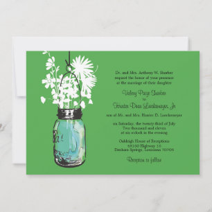 Blue Mason Jar with Wildflowers Wedding Invitation
