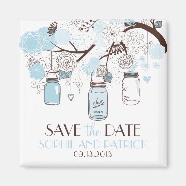 Blue Mason Jars & Flowers Save the Date Magnet (Front)