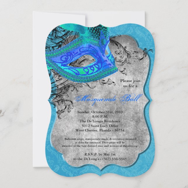 Blue Masquerade Ball Mask Costume Halloween Part Invitation (Front)