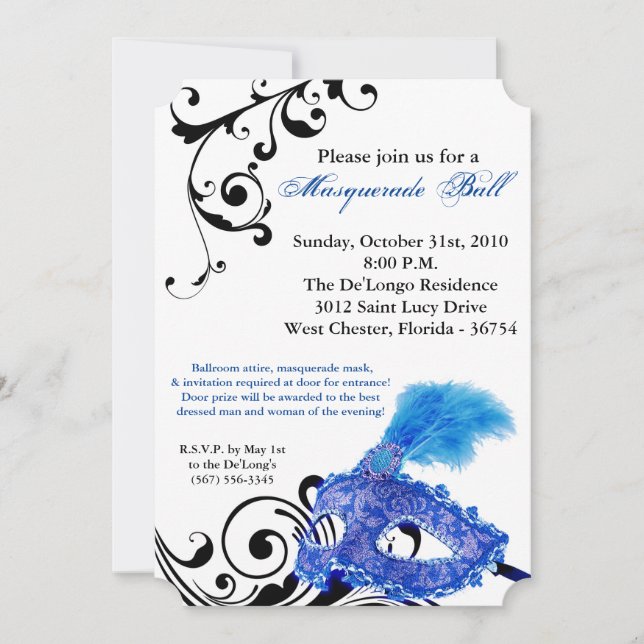 Blue Masquerade Ball Mask Costume Halloween Part Invitation (Front)