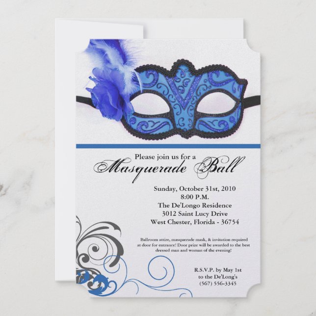 Blue Masquerade Ball Mask Costume Halloween Part Invitation (Front)