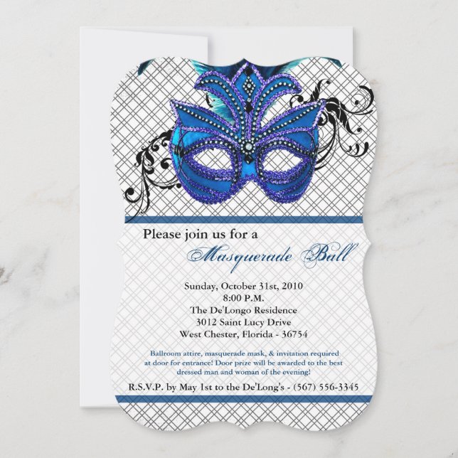 Blue Masquerade Ball Mask Costume Halloween Part Invitation (Front)