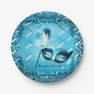 Blue Masquerade Mask Elegant Ball Party Paper Plate
