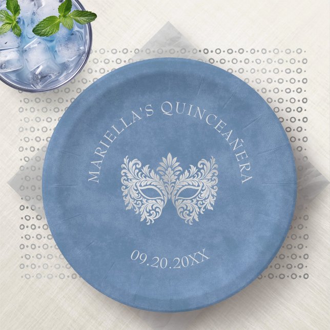 Blue Masquerade Mask Elegant Quinceanera Paper Plate (Creator Uploaded)
