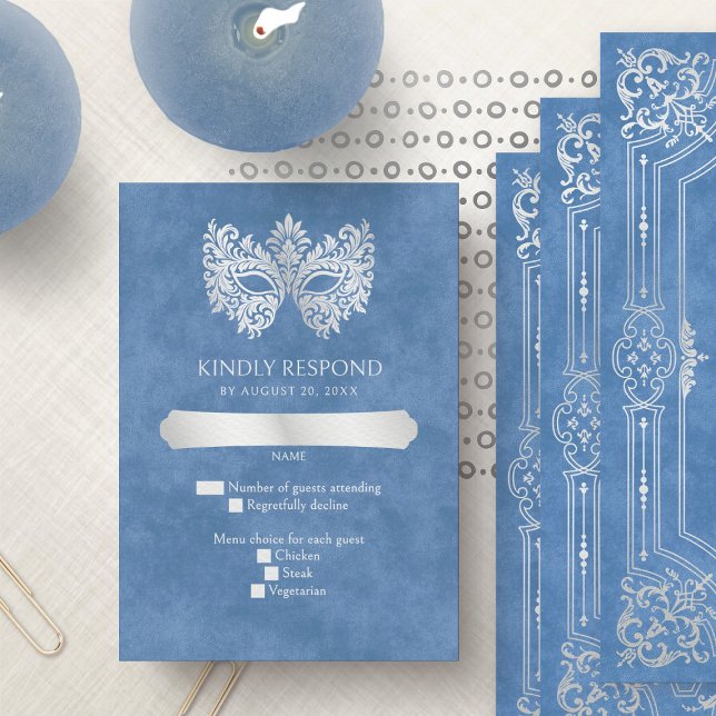 Blue Masquerade Mask Elegant Quinceanera RSVP Card (Creator Uploaded)