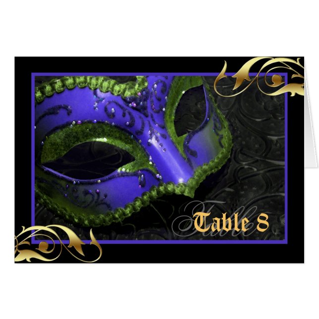 Blue Masquerade Mask Table Number Card (Front Horizontal)