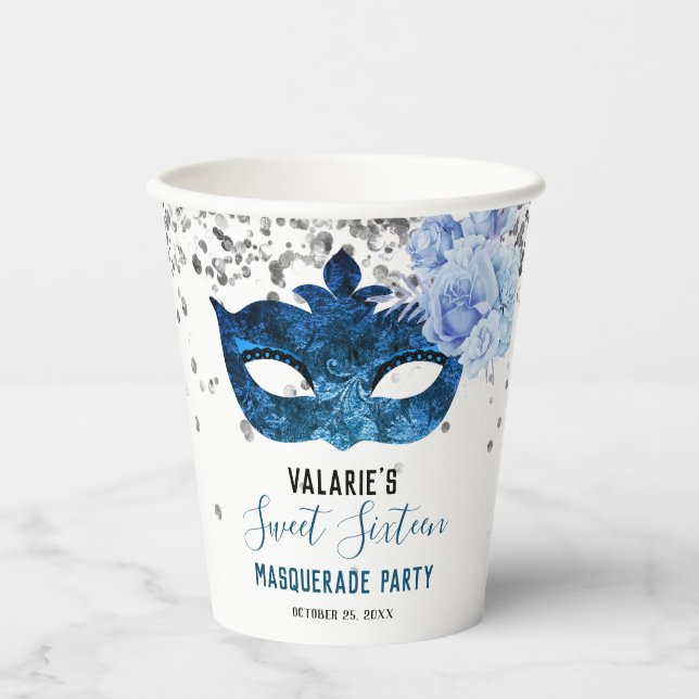 Blue Masquerade Sweet Sixteen Party Paper Cups (Front)
