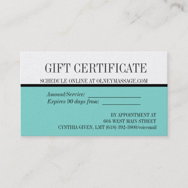 blue massage and spa gift card (Front)
