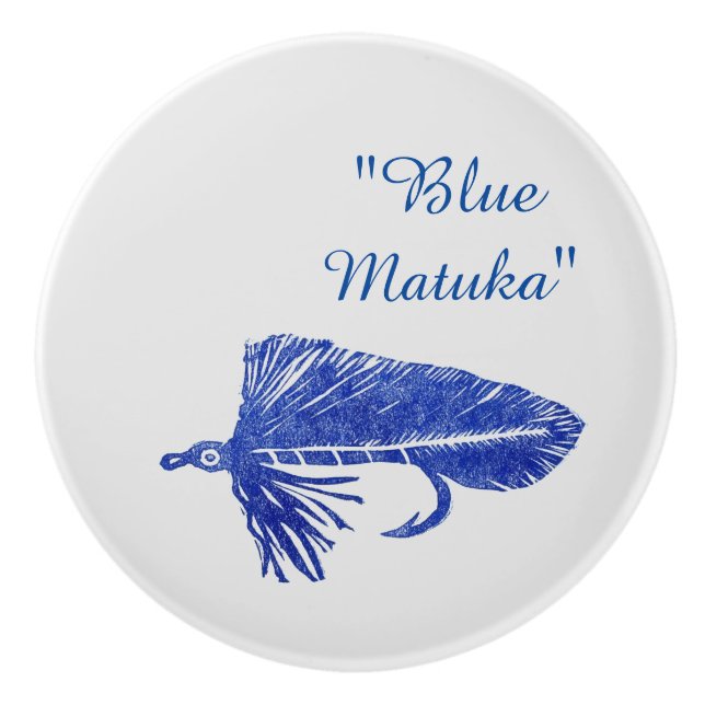 Blue Matuka streamer, fly fishing, fly tying art Ceramic Knob (Front)