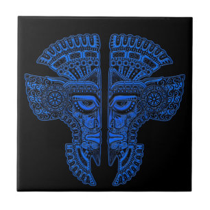 Blue Mayan Twins Mask Illusion on Black Ceramic Tile