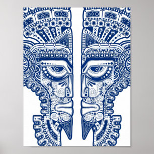 Blue Mayan Twins Mask Illusion on White Poster