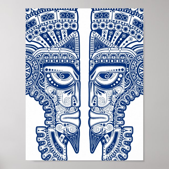 Blue Mayan Twins Mask Illusion on White Poster (Front)