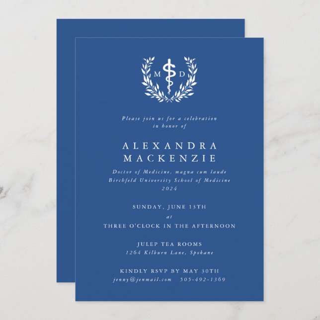 Blue MD Asclepius + Laurel Wreath Graduation Invitation (Front/Back)