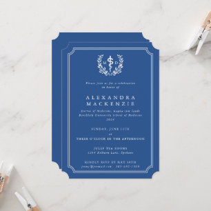 Blue MD Asclepius + Laurel Wreath Graduation Invitation