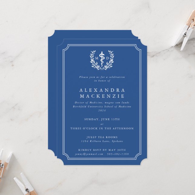 Blue MD Asclepius + Laurel Wreath Graduation Invitation (Front/Back In Situ)