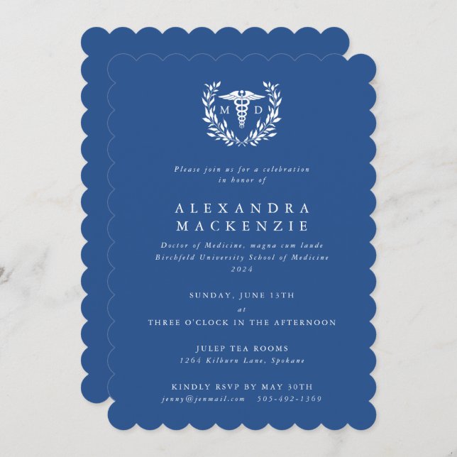 Blue MD Caduceus+Laurel Wreath Graduation Invitation (Front/Back)