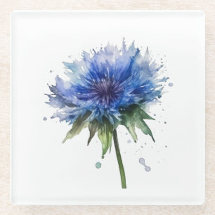 Blue Meadow Magic: Watercolor Cornflower Art Glass Coaster