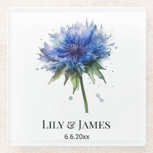 Blue Meadow Magic: Watercolor Cornflower Art Glass Coaster