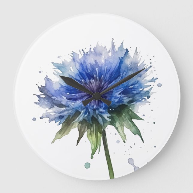 Blue Meadow Magic: Watercolor Cornflower Art Large Clock (Front)