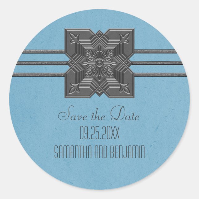 Blue Medallion Border Save the Date Stickers (Front)