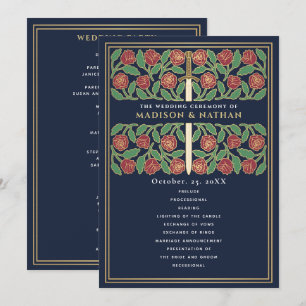 Blue Mediaeval Gold Floral Sword Royal Wedding Program
