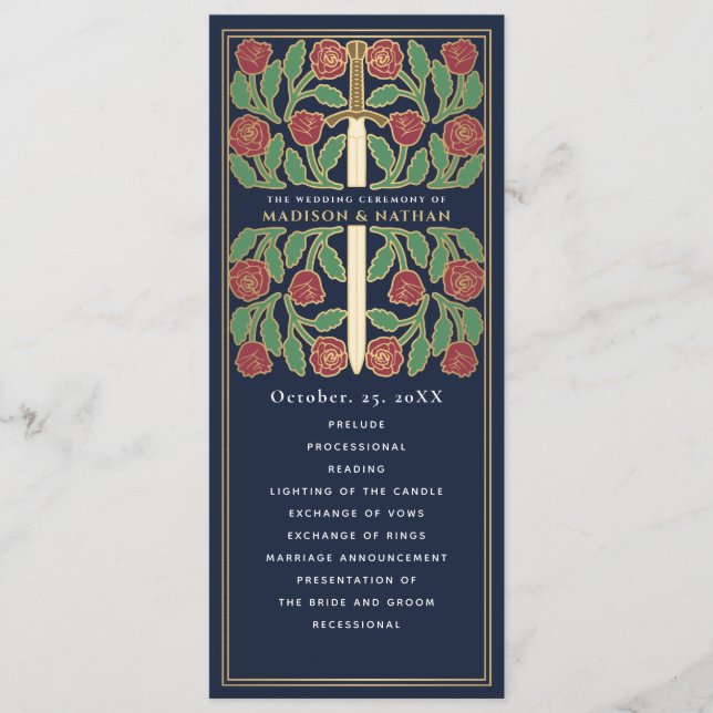 Blue Mediaeval Gold Floral Sword Royal Wedding Program (Front)