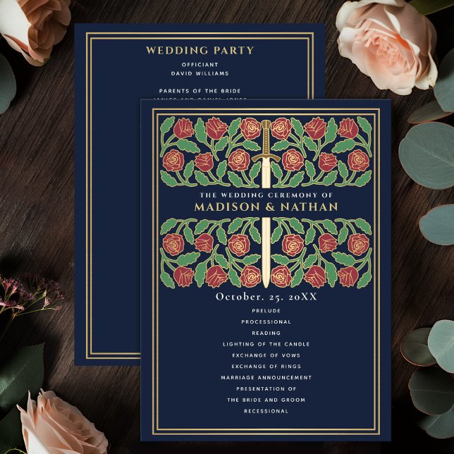 Blue Mediaeval Gold Floral Sword Royal Wedding Program (Creator Uploaded)