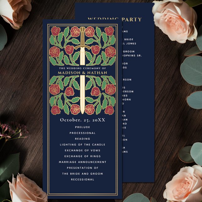 Blue Mediaeval Gold Floral Sword Royal Wedding Program (Creator Uploaded)