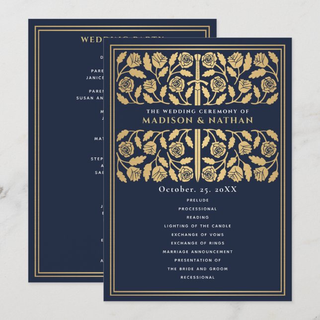 Blue Mediaeval Gold Sword Royal Wedding Program (Front/Back)