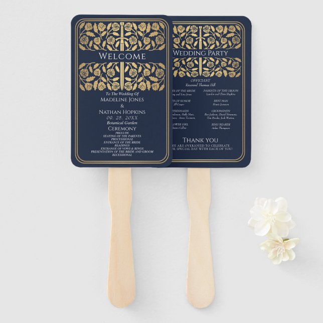 Blue Mediaeval Gold Sword Royal Wedding Program Hand Fan (Front and Back)