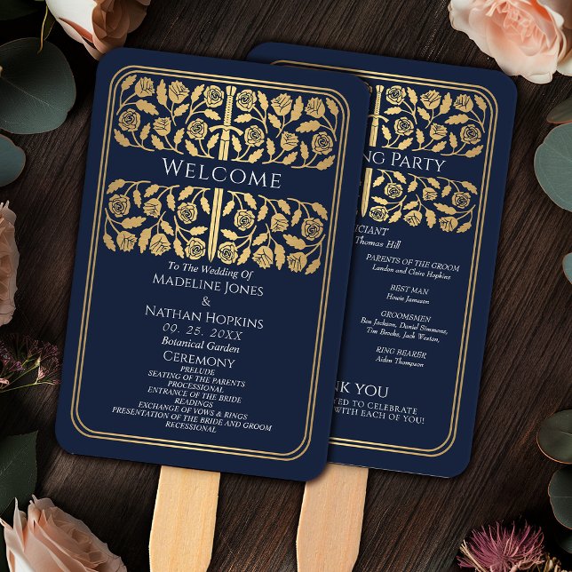 Blue Mediaeval Gold Sword Royal Wedding Program Hand Fan (Creator Uploaded)