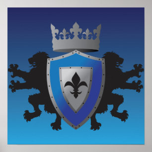 Blue Mediaeval Lion Heraldry Poster