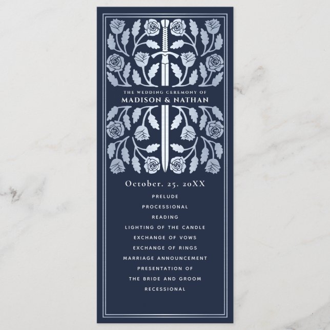 Blue Mediaeval Silver Sword Royal Wedding Program (Front)