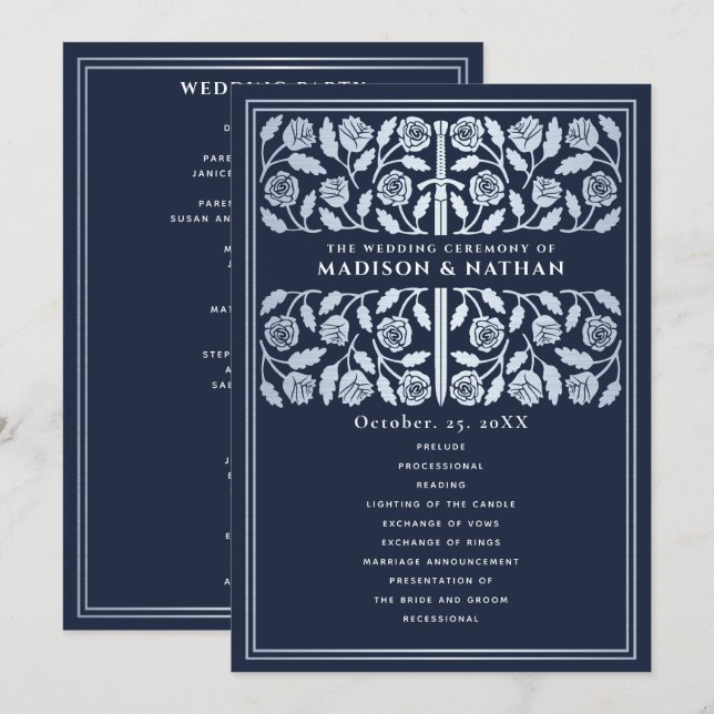 Blue Mediaeval Silver Sword Royal Wedding Program (Front/Back)