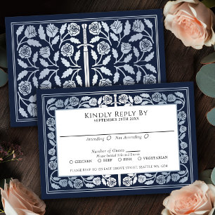 Blue Mediaeval Silver Sword Royal Wedding RSVP Card
