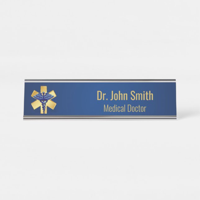 Blue Medical 3D Caduceus Gold Cross Desk Name Plate (Front)