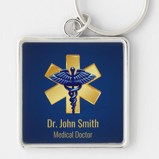 Blue Medical 3D Caduceus Gold Cross Key Ring (Front)