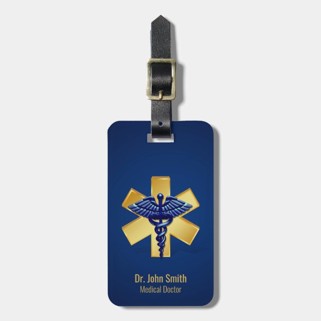 Blue Medical 3D Caduceus Gold Cross Luggage Tag (Front Vertical)