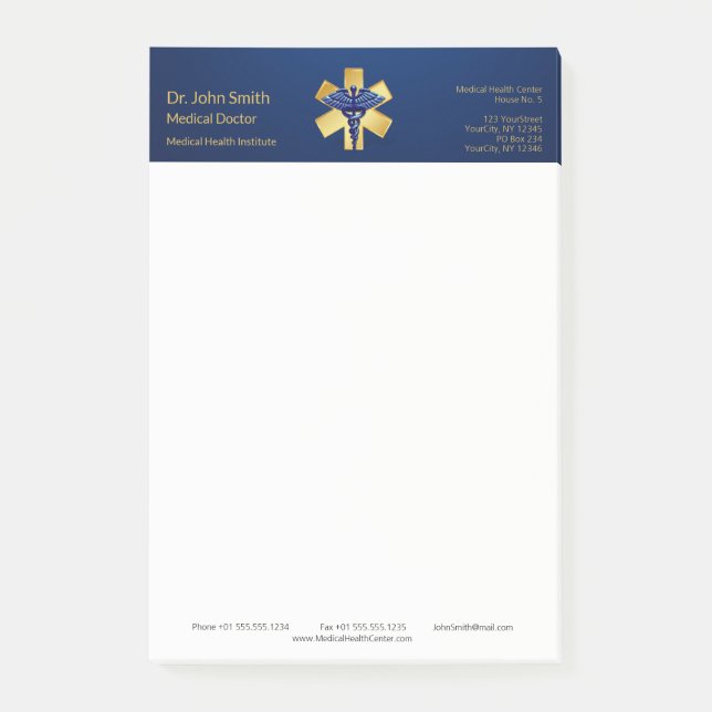 Blue Medical 3D Caduceus Gold Cross Post-it Notes (Front)