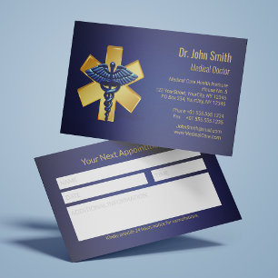 Blue Medical 3D Caduceus Gold Cross Reminder Appointment Card
