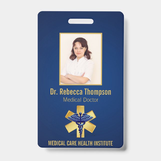 Blue Medical 3D Caduceus Gold Paramedic Photo ID Badge (Front)
