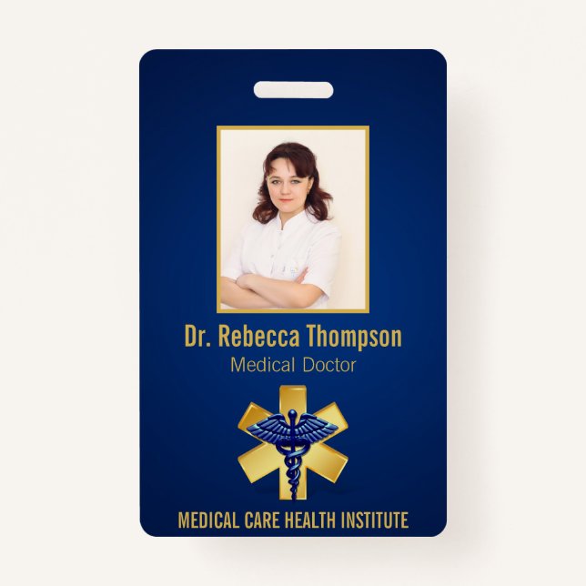 Blue Medical 3D Caduceus Gold Paramedic Photo ID Badge (Front)