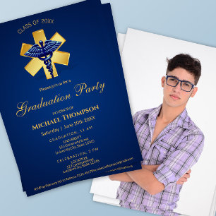 Blue Medical Caduceus Gold Cross Graduation Photo Invitation